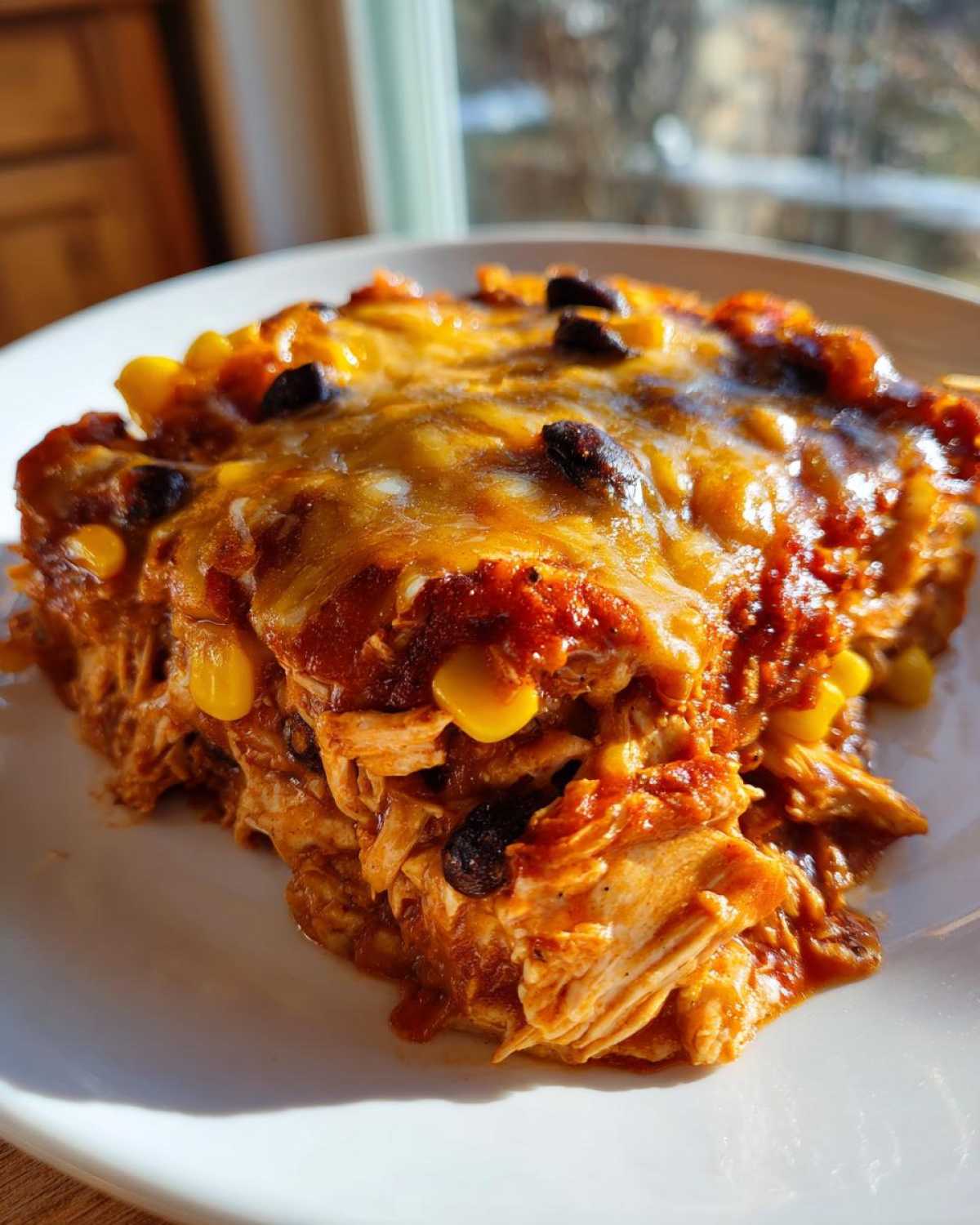 A delicious slice of crockpot chicken enchilada casserole with melted cheese, corn, and beans.