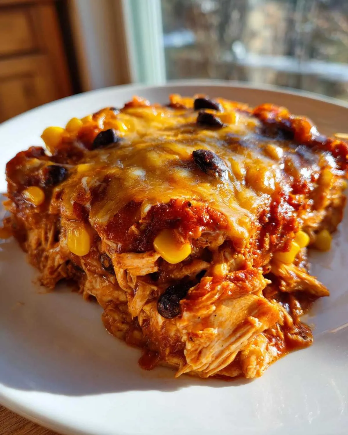A delicious slice of crockpot chicken enchilada casserole with melted cheese, corn, and beans.
