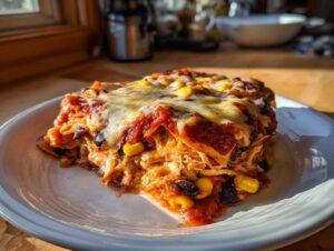 A delicious slice of crockpot chicken enchilada casserole with melted cheese, corn, and black beans.