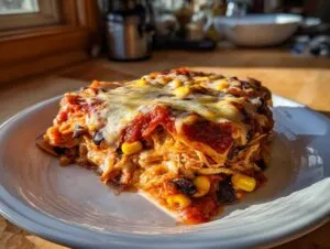 A delicious slice of crockpot chicken enchilada casserole with melted cheese, corn, and black beans.
