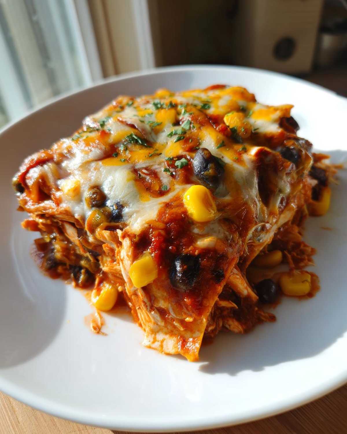A delicious slice of creamy crockpot chicken enchilada casserole topped with melted cheese, corn, and black beans.