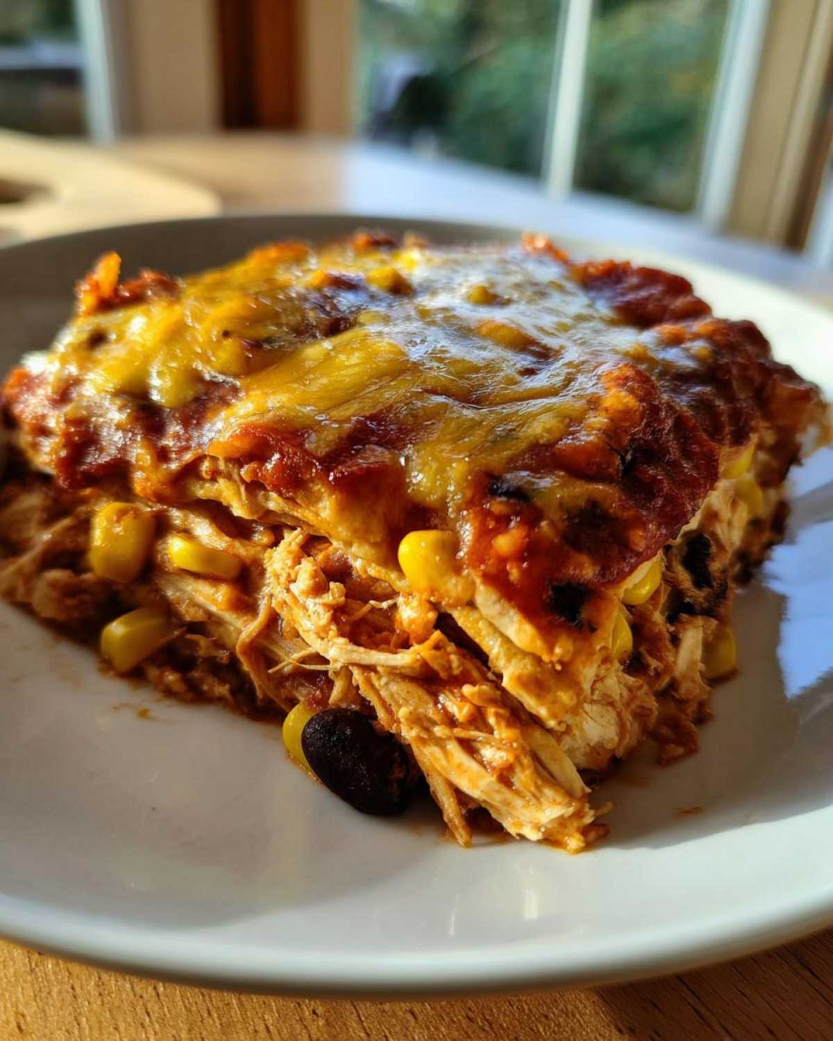 A hearty slice of crockpot chicken enchilada casserole, featuring shredded chicken, corn, black beans, and melted cheese.