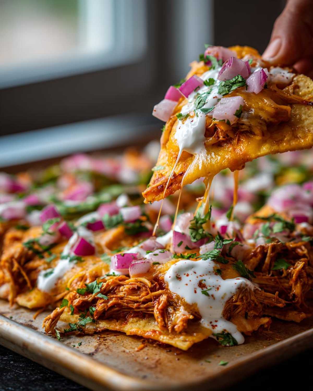 A hand lifting a cheesy chip from a tray of delicious crockpot chicken nachos topped with sour cream and red onion.
