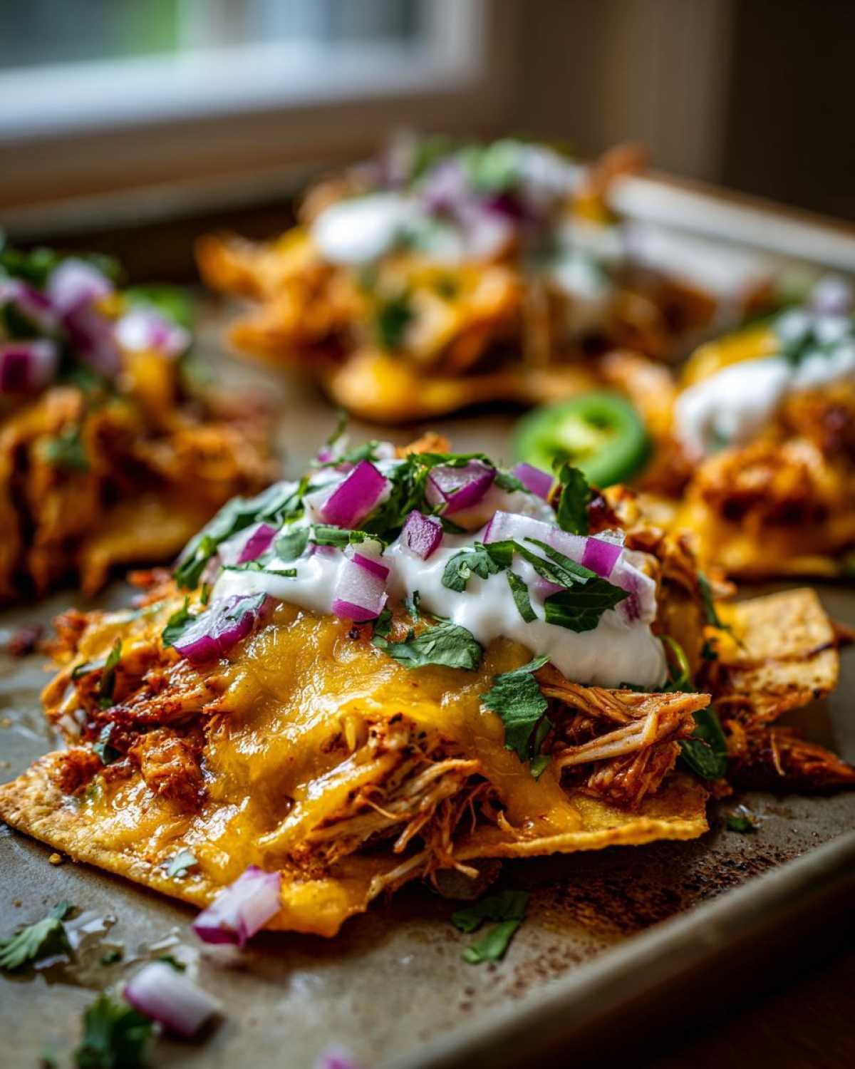 Close-up of mouthwatering crockpot chicken nachos topped with melted cheese, sour cream, red onion, and cilantro.