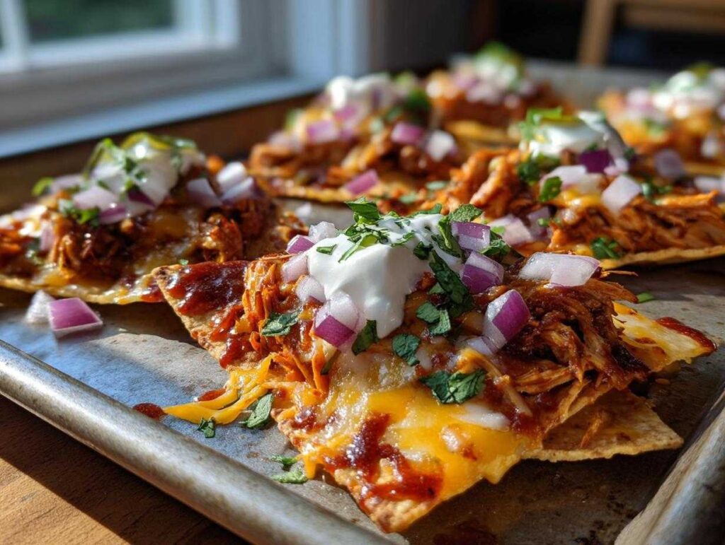 Close-up of delicious crockpot chicken nachos topped with melted cheese, sour cream, red onions, and cilantro.