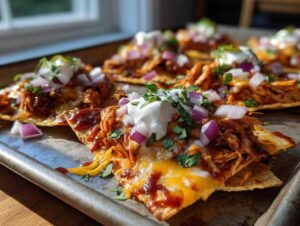 Close-up of delicious crockpot chicken nachos topped with melted cheese, sour cream, red onions, and cilantro.