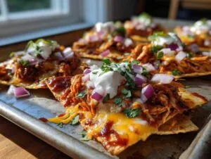Close-up of delicious crockpot chicken nachos topped with melted cheese, sour cream, red onions, and cilantro.