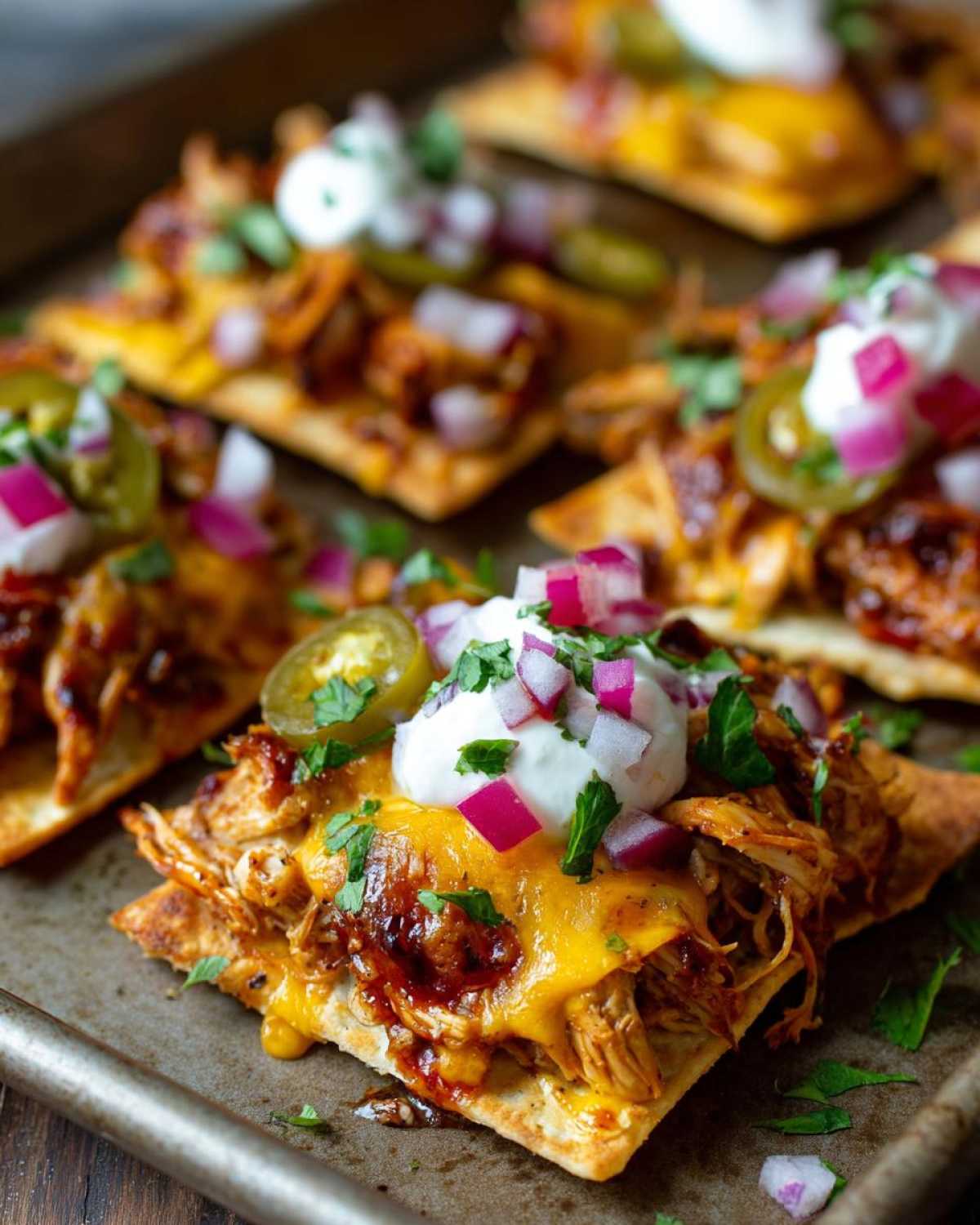 Close-up of delicious crockpot chicken nachos topped with cheese, sour cream, jalapeños, and red onion.