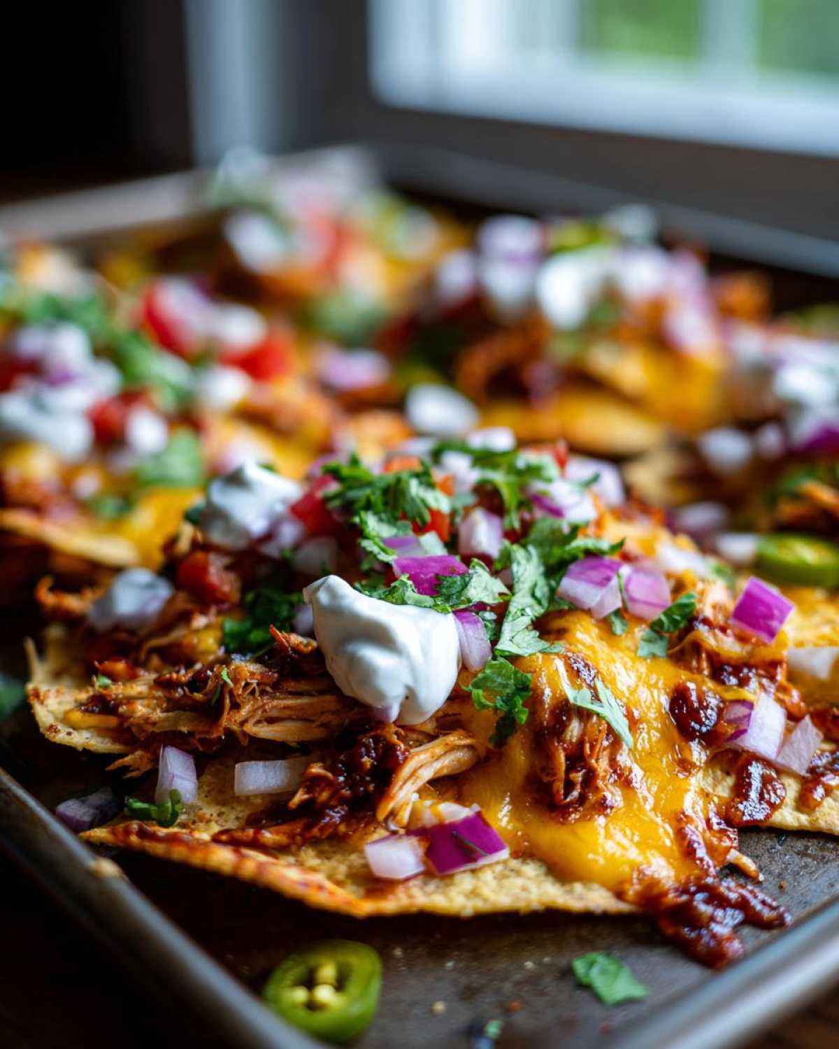 Close-up of delicious crockpot chicken nachos topped with melted cheese, sour cream, red onion, and cilantro.