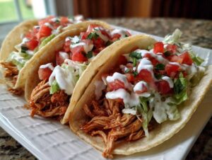 Three delicious crockpot chicken tacos filled with shredded chicken, lettuce, tomatoes, and a drizzle of sour cream.