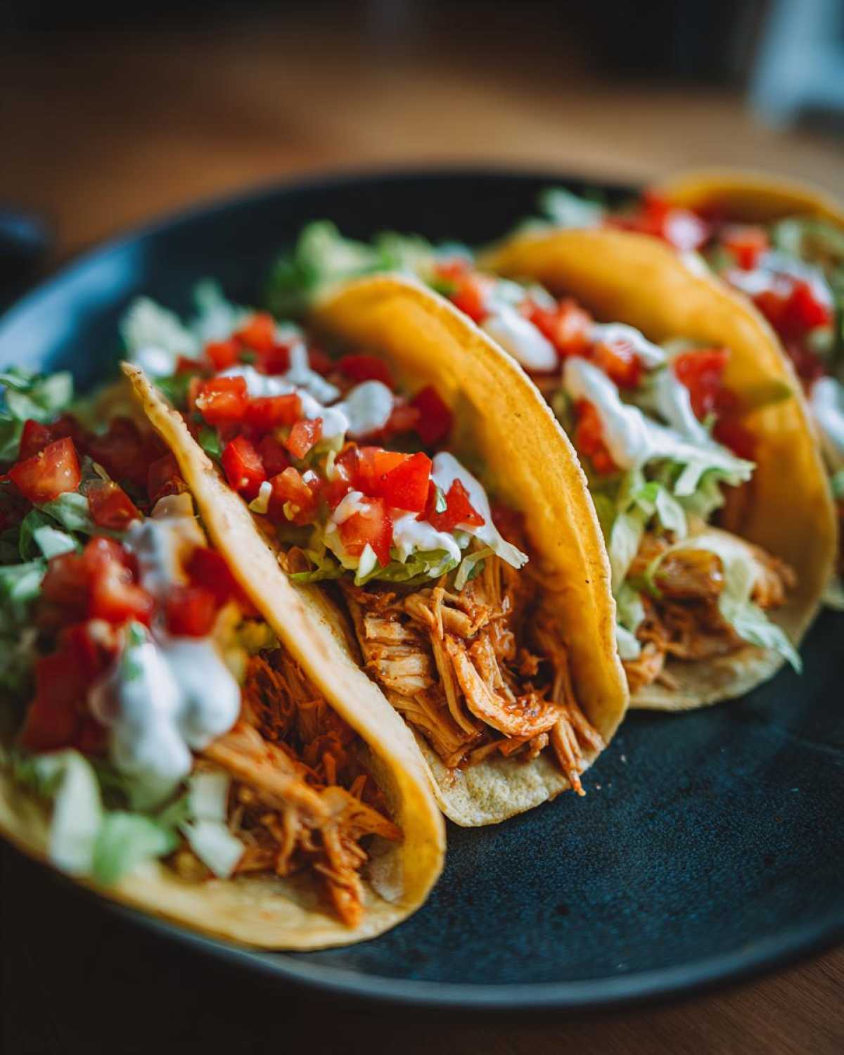 A close-up of four crockpot chicken tacos filled with shredded chicken, lettuce, tomatoes, and sour cream.