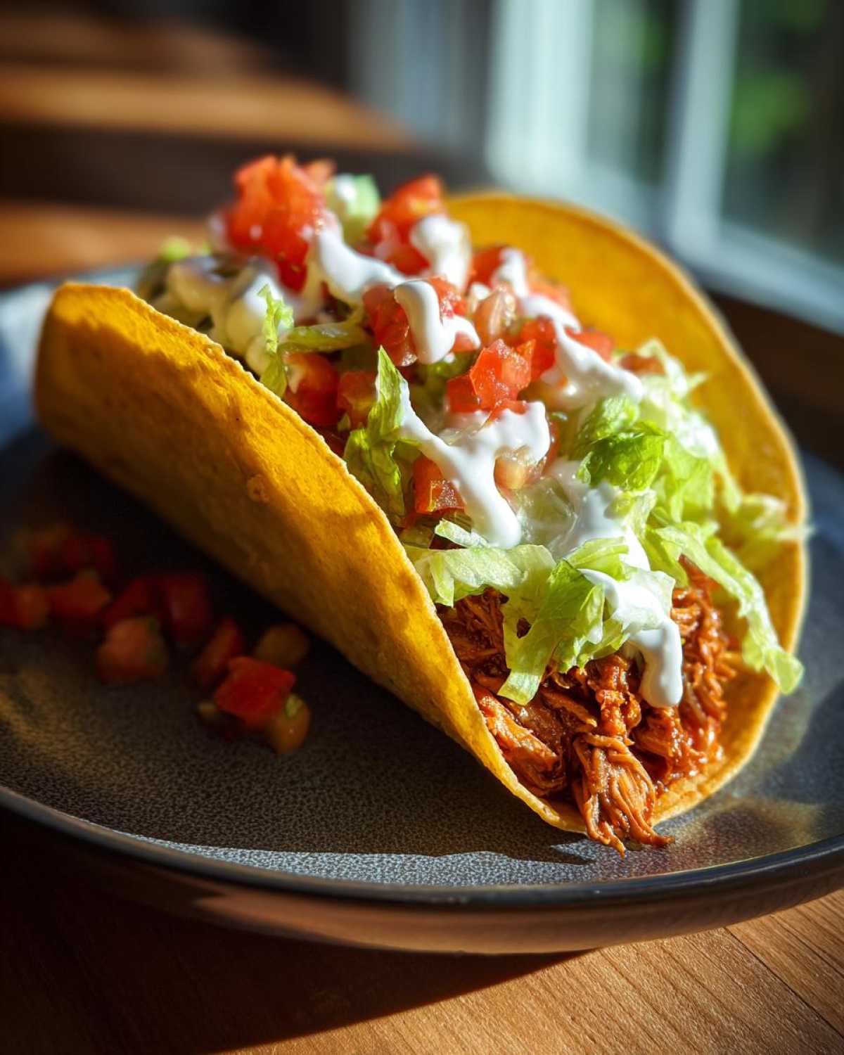 A close-up of a single crockpot chicken taco filled with shredded chicken, lettuce, tomatoes, and a drizzle of sour cream on a plate.