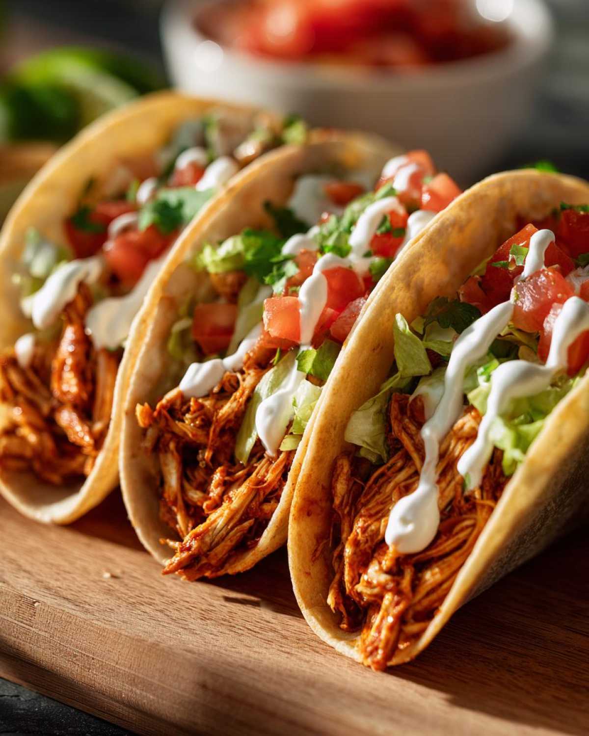 Three delicious crockpot chicken tacos filled with shredded chicken, lettuce, tomatoes, and a drizzle of sour cream.