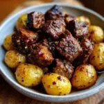 Close-up of Crockpot Garlic Butter Beef Bites with Potatoes in a bowl, glistening with sauce.