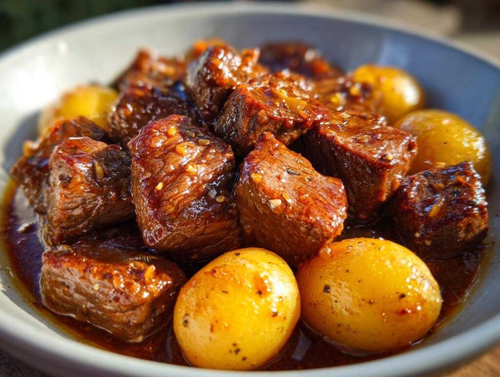 Close-up of tender Crockpot Garlic Butter Beef Bites with small, golden potatoes in a rich sauce.