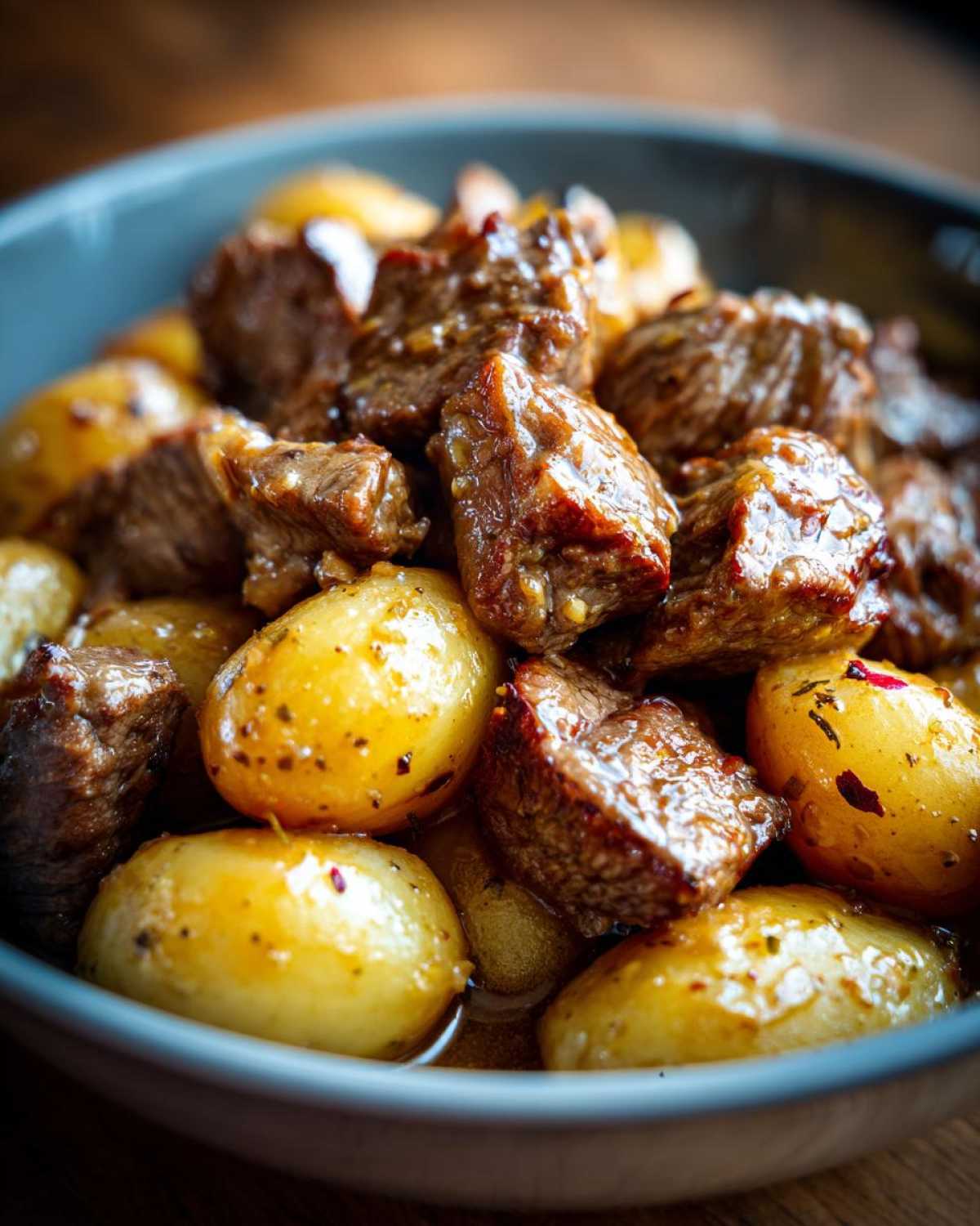 Close-up of Crockpot Garlic Butter Beef Bites with tender potatoes in a bowl.