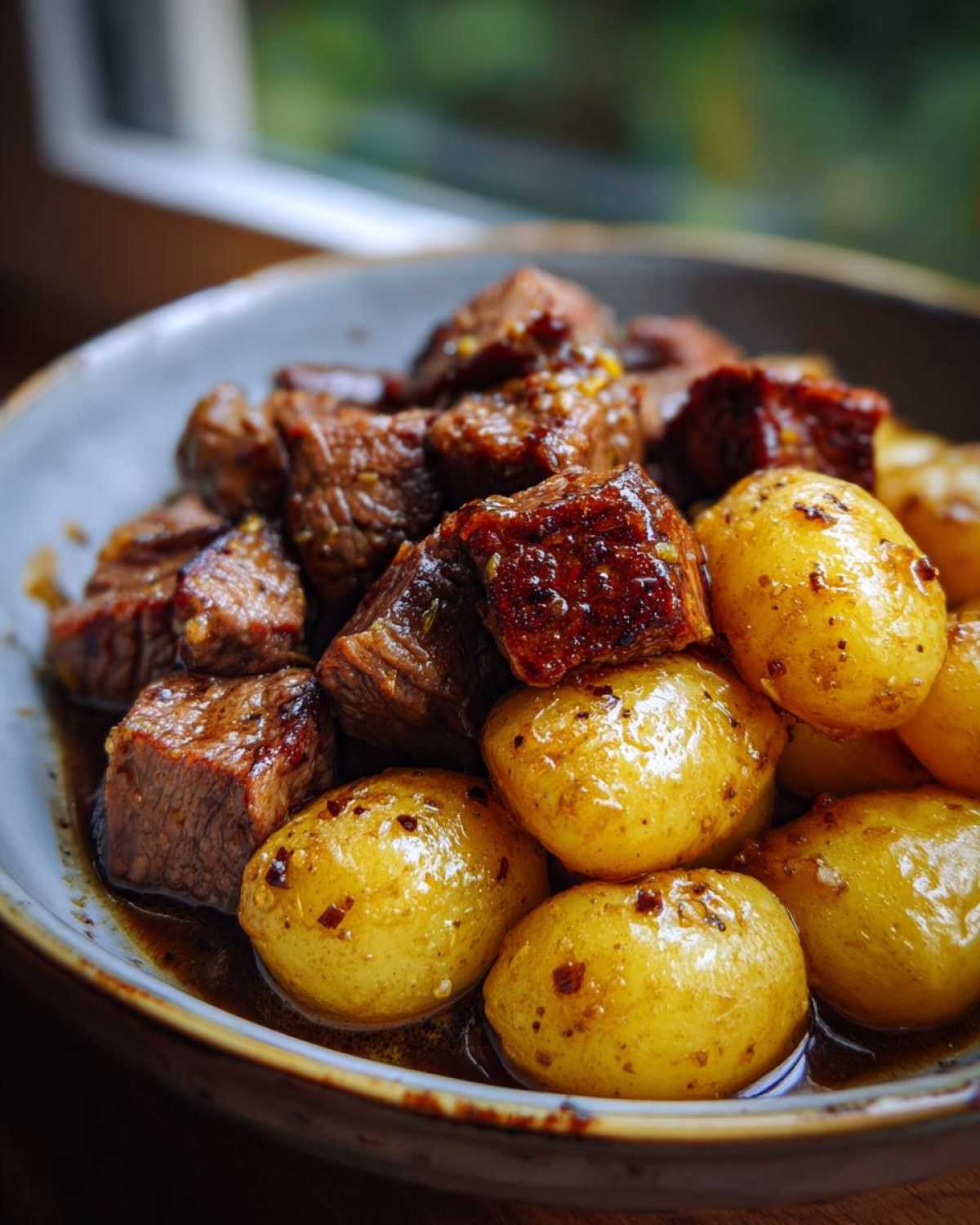 Close-up of a bowl filled with tender Crockpot garlic butter beef bites and golden baby potatoes.