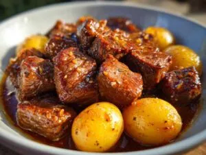 Close-up of tender Crockpot Garlic Butter Beef Bites with small, golden potatoes in a rich sauce.
