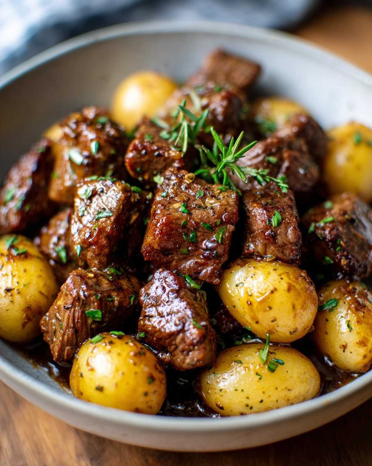 Close-up of Crockpot Garlic Butter Beef Bites with Potatoes, garnished with fresh herbs.
