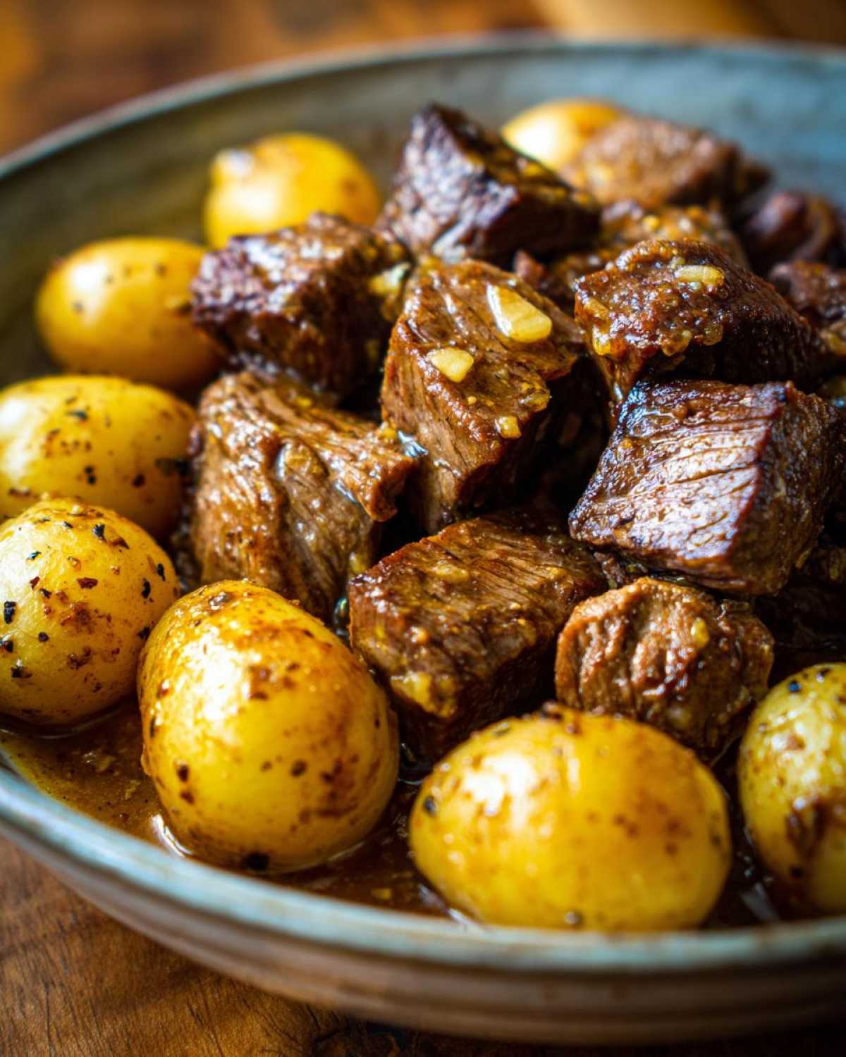 Close-up of Crockpot Garlic Butter Beef Bites with tender potatoes in a rustic bowl.