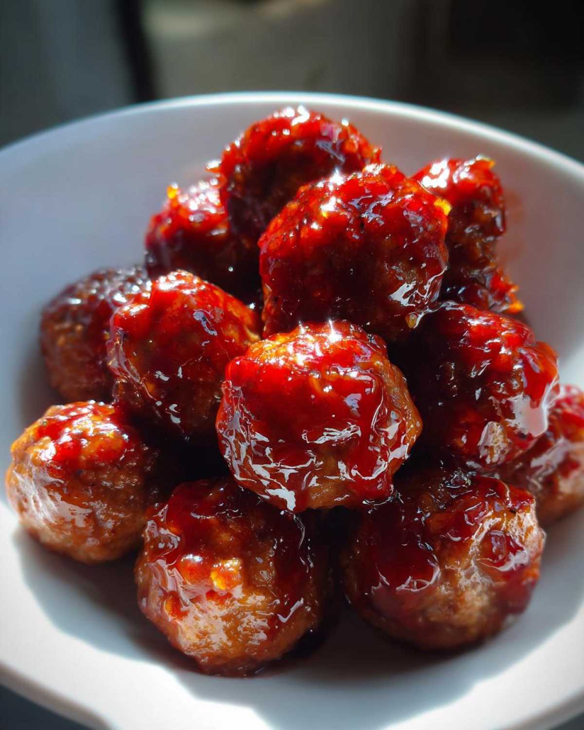 A close-up shot of a pile of glistening Crockpot grape jelly meatballs in a white bowl.