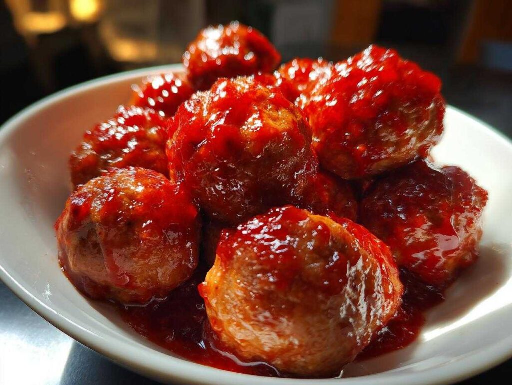 A close-up shot of delicious Crockpot grape jelly meatballs coated in a glossy, red sauce.