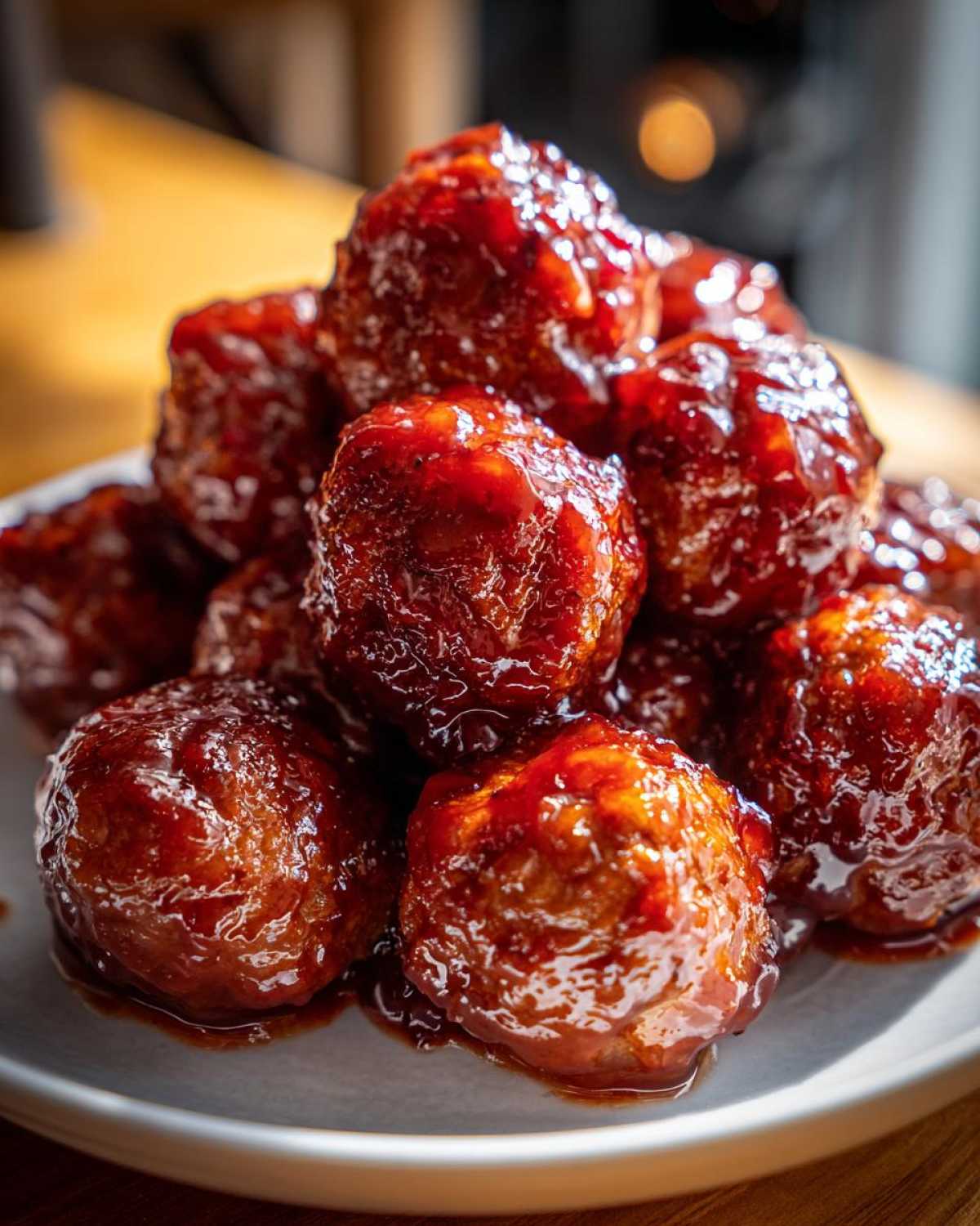 A close-up of a pile of glistening Crockpot grape jelly meatballs, coated in a rich, dark sauce.
