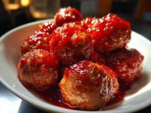 A close-up shot of delicious Crockpot grape jelly meatballs coated in a glossy, red sauce.