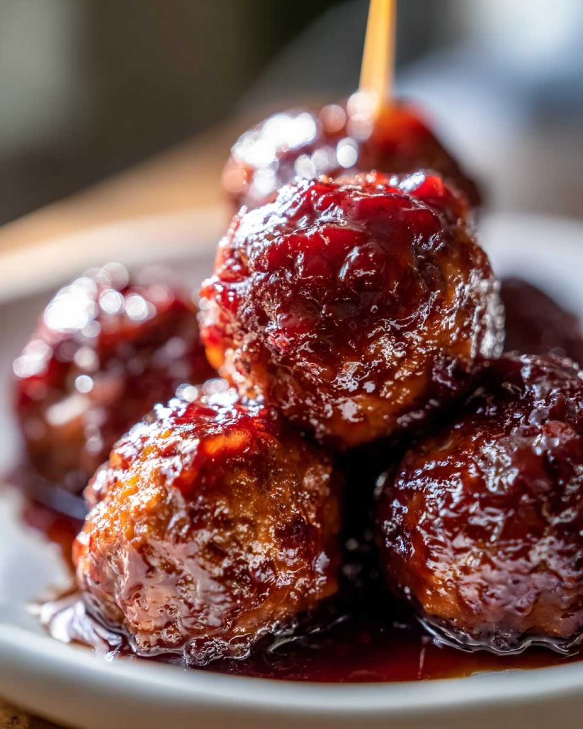 Close-up of Crockpot grape jelly meatballs glistening with a rich, dark sauce on a white plate.