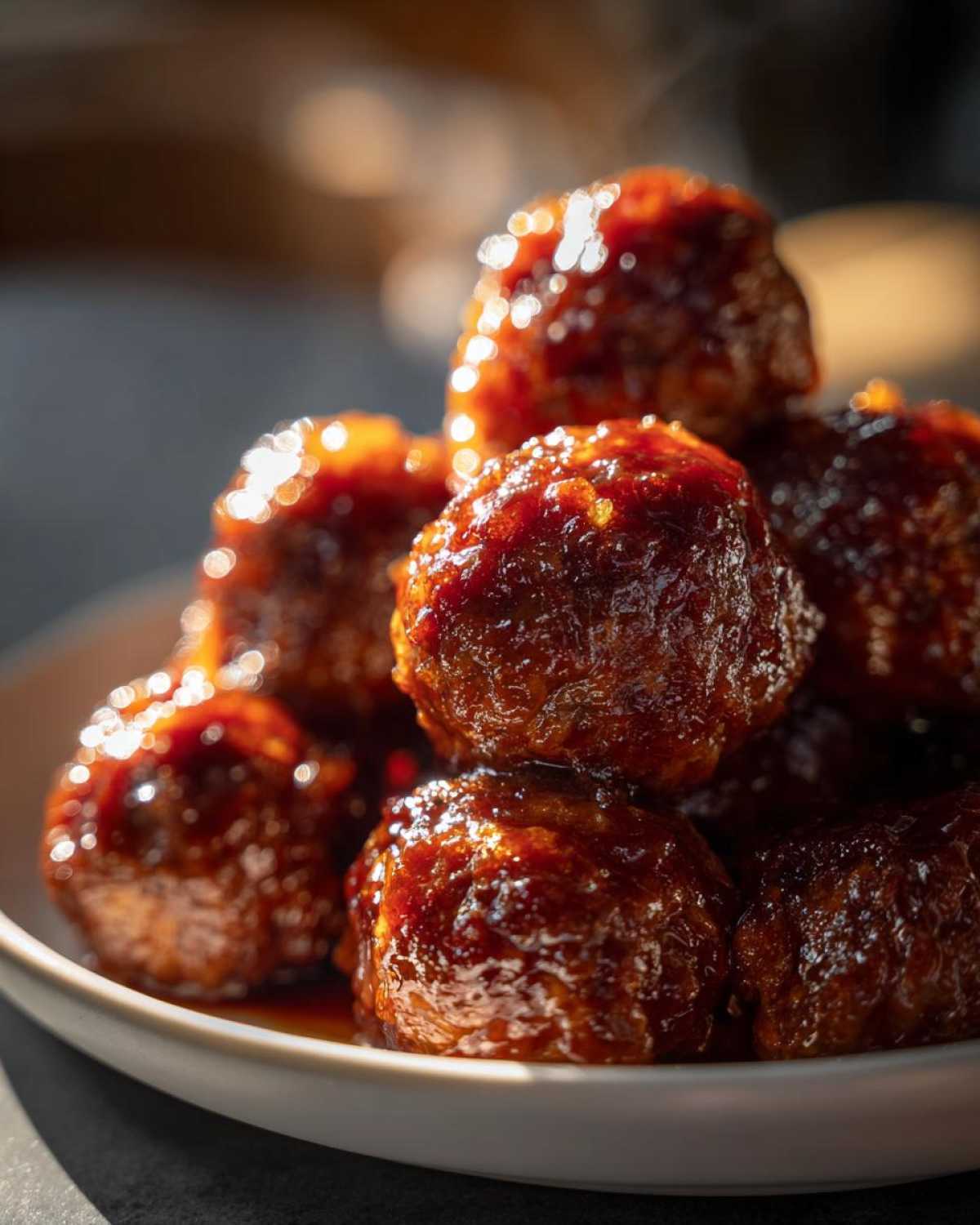 A close-up of a pile of glistening Crockpot grape jelly meatballs on a white plate.