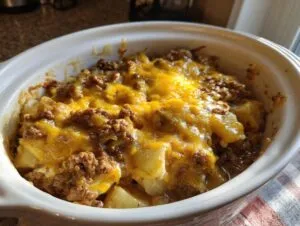 A close-up of a Crockpot hamburger potato casserole topped with melted cheddar cheese, served in a white dish.