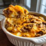 A spoonful of steaming Crockpot Hamburger Potato Casserole, showing layers of ground beef, potatoes, and melted cheese.