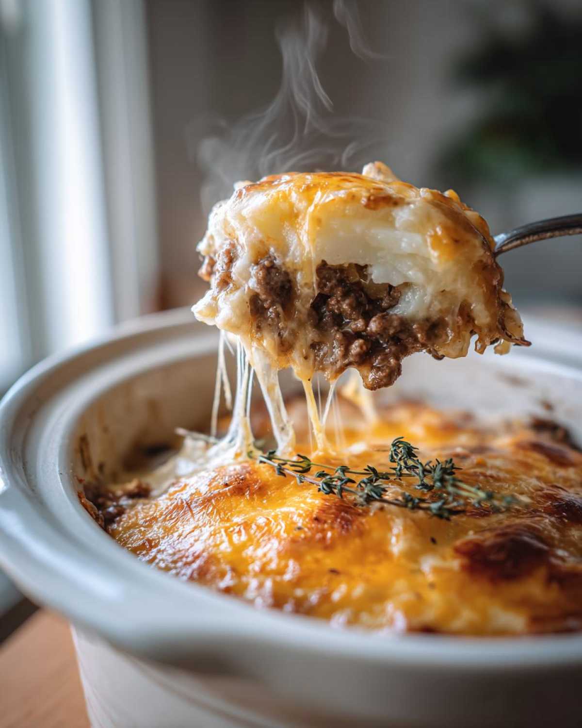 A spoonful of steaming Crockpot hamburger potato casserole, with melted cheese stretching.