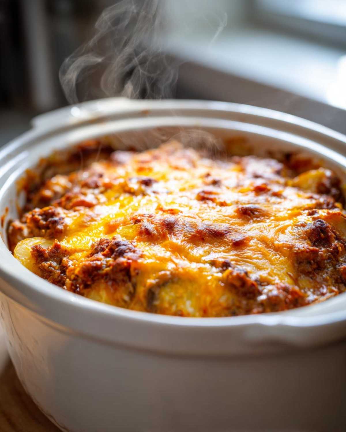 A close-up of a steaming Crockpot hamburger potato casserole topped with melted golden cheese.