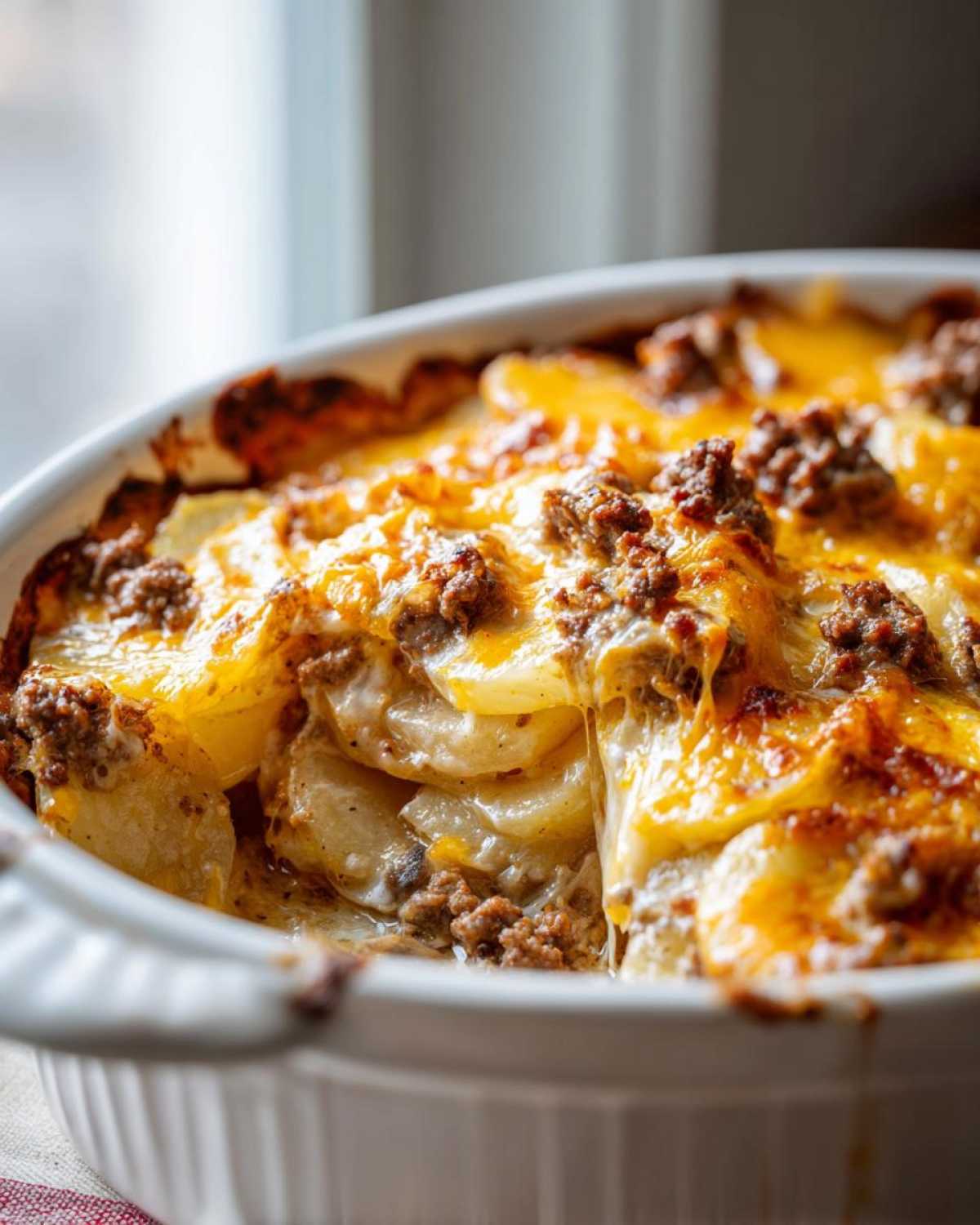 Close-up of a creamy crockpot hamburger potato casserole with melted cheese and ground beef.
