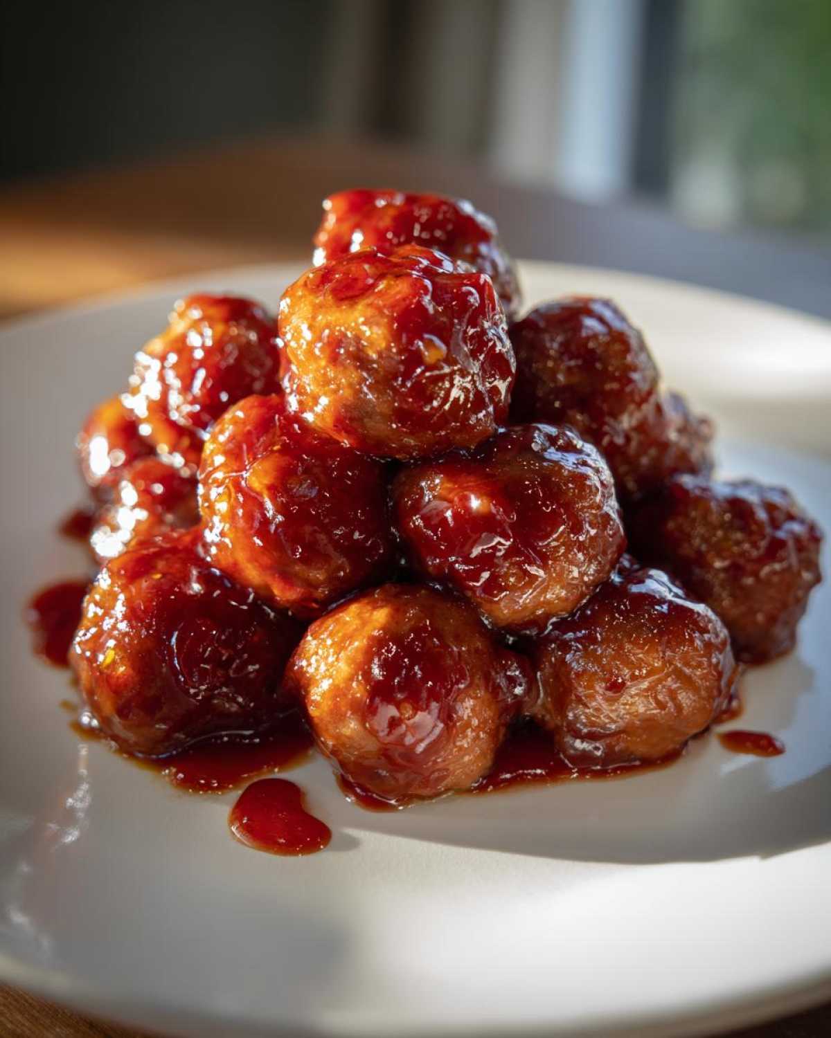 A pile of delicious crockpot sweet chili meatballs coated in a glossy, rich sauce on a white plate.
