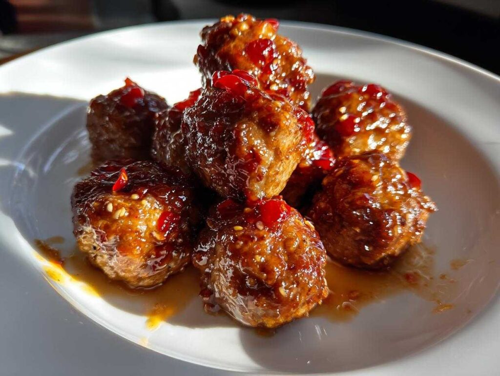 A close-up of several crockpot sweet chili meatballs glazed with a glossy sauce and topped with chili flakes and sesame seeds.