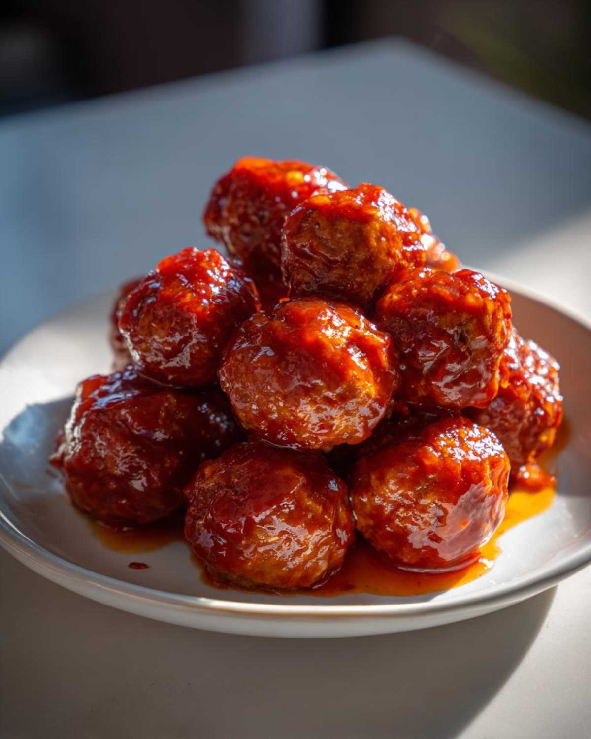 A close-up shot of a pile of glossy crockpot sweet chili meatballs on a white plate.