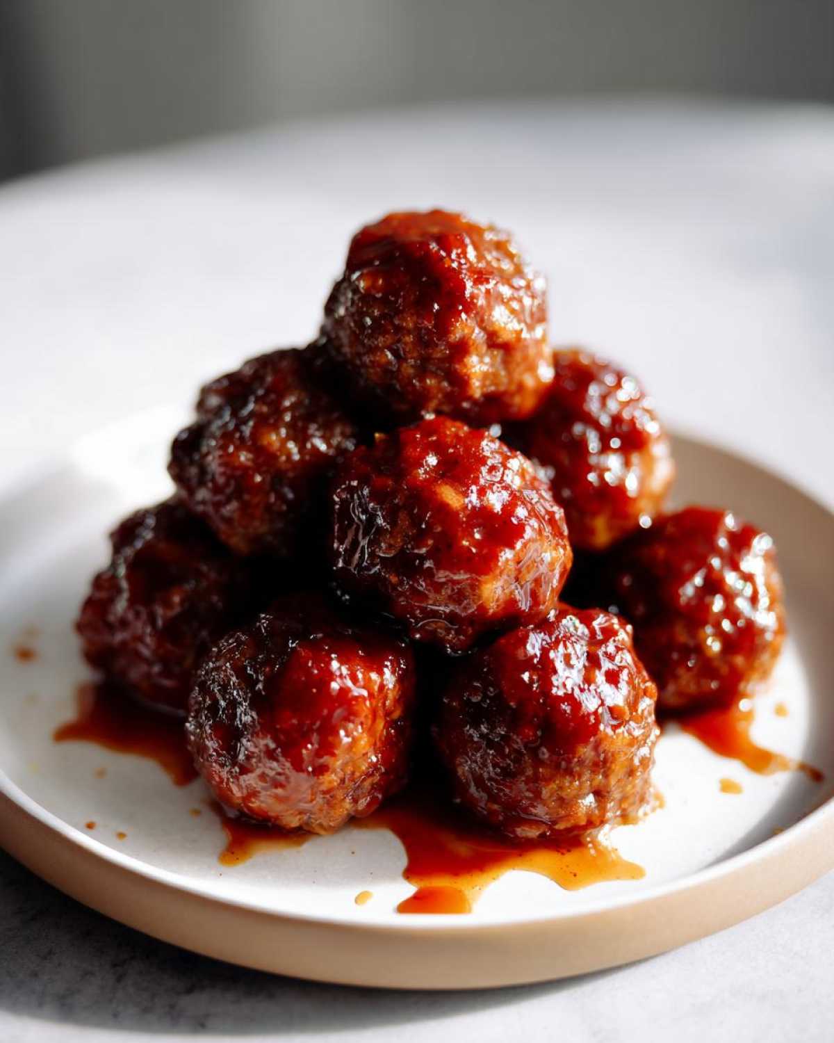 A close-up, overhead view of a pile of glistening crockpot sweet chili meatballs on a white plate, coated in a rich, glossy sauce.