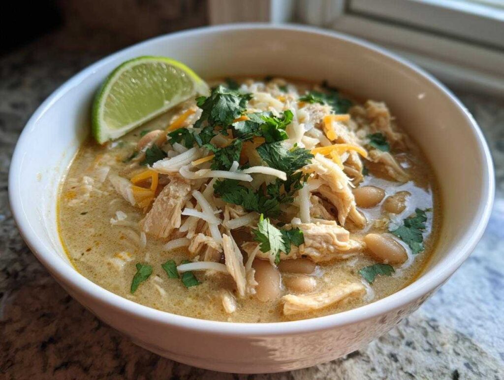 A close-up bowl of Crockpot white chicken chili topped with shredded cheese, cilantro, and a lime wedge.