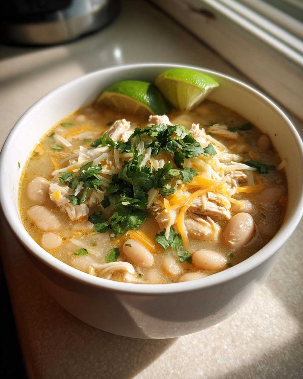 A bowl of hearty Crockpot white chicken chili topped with shredded cheese, cilantro, and lime wedges.