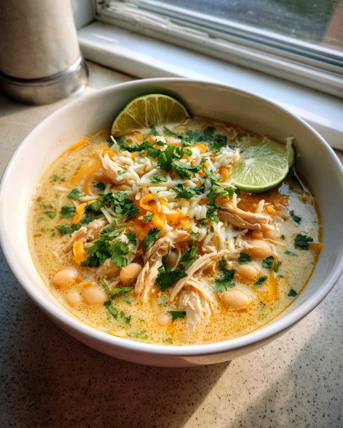A close-up bowl of Crockpot white chicken chili topped with shredded chicken, white beans, cheese, cilantro, and lime wedges.