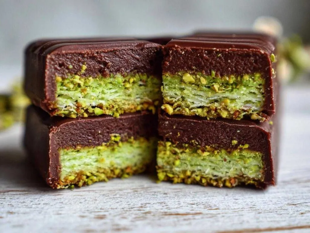 Close-up of stacked Dubai chocolate bars with a rich dark chocolate coating and vibrant green pistachio cream filling.
