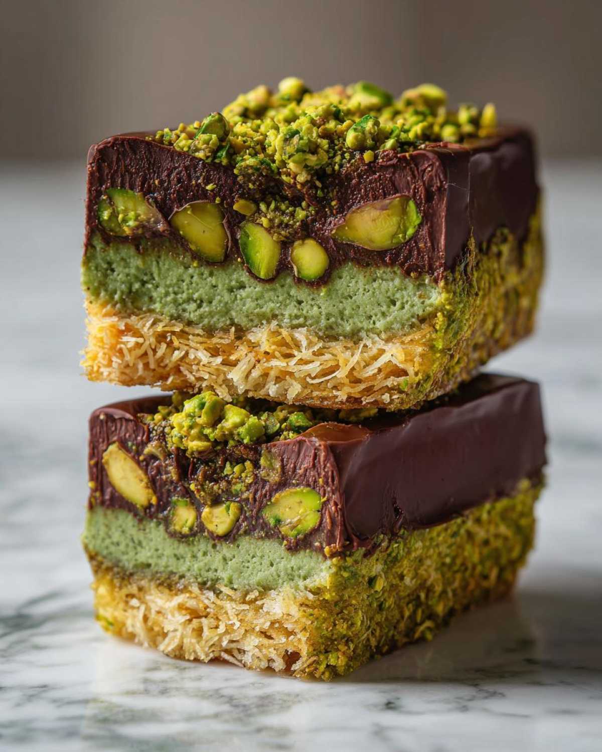 Close-up of two stacked Dubai chocolate bars with layers of pistachio cream, chocolate ganache, and crispy phyllo dough, topped with chopped pistachios.