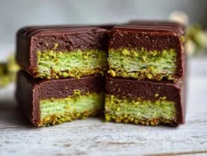 Close-up of stacked Dubai chocolate bars with a rich dark chocolate coating and vibrant green pistachio cream filling.