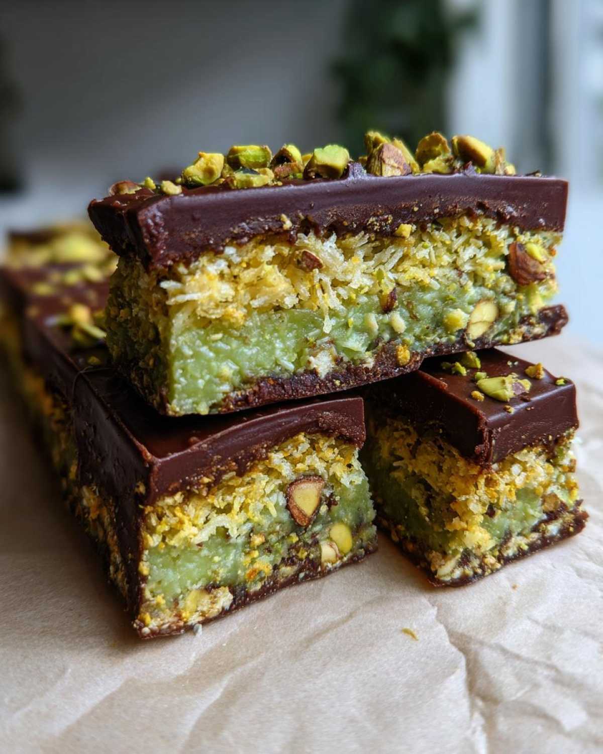 Close-up of stacked Dubai chocolate bars featuring a rich dark chocolate top, a vibrant green pistachio cream layer, and a crumbly base with nuts and coconut.