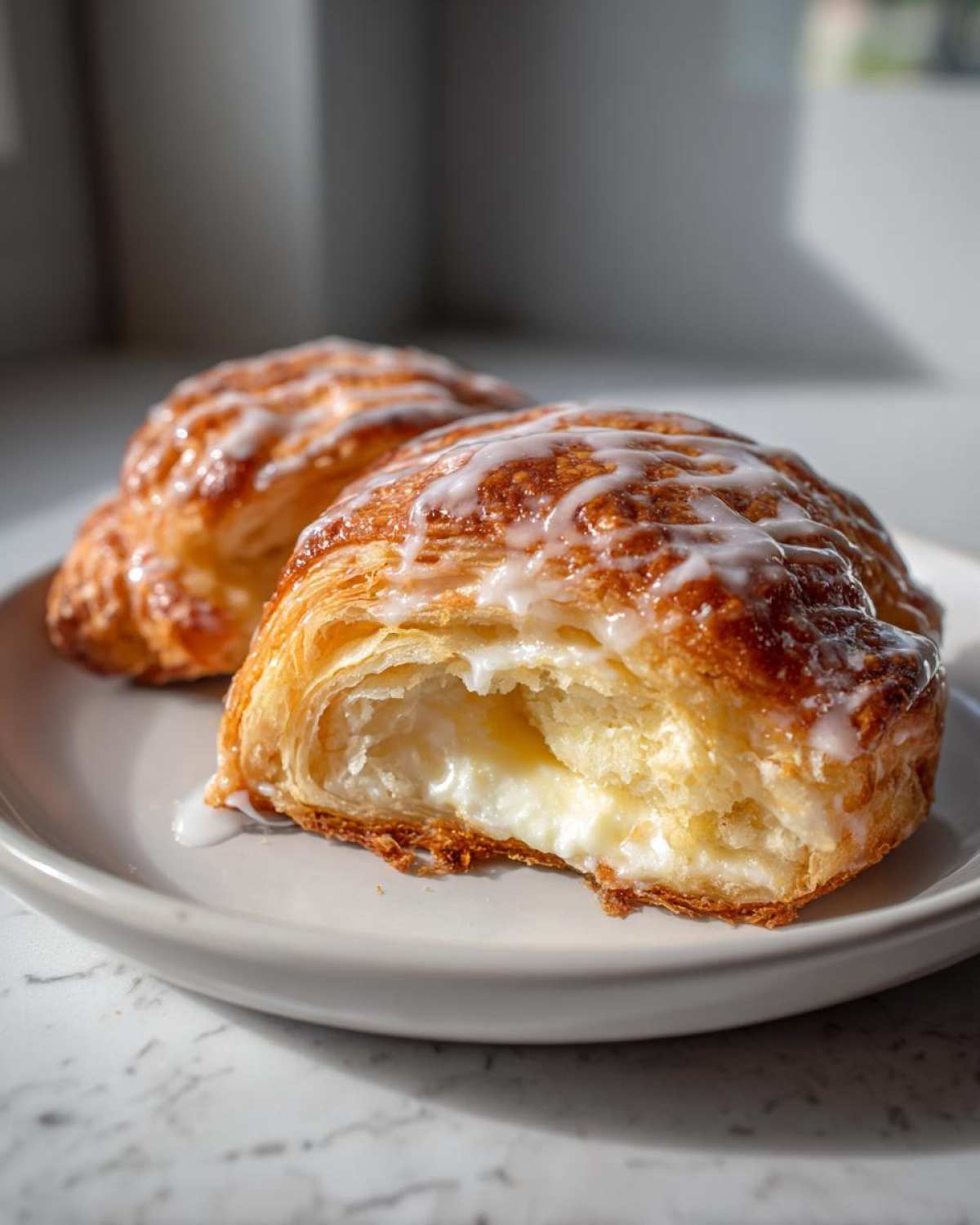 Close-up of a delicious cheese danish with a flaky pastry and creamy cheese filling, drizzled with icing.