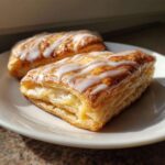 Two golden-brown cheese danishes drizzled with white icing, presented on a white plate.