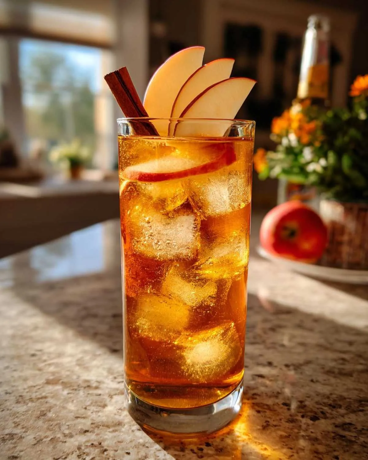 A tall glass filled with ice and a golden-hued Fall Long Island Iced Tea, garnished with apple slices and a cinnamon stick.