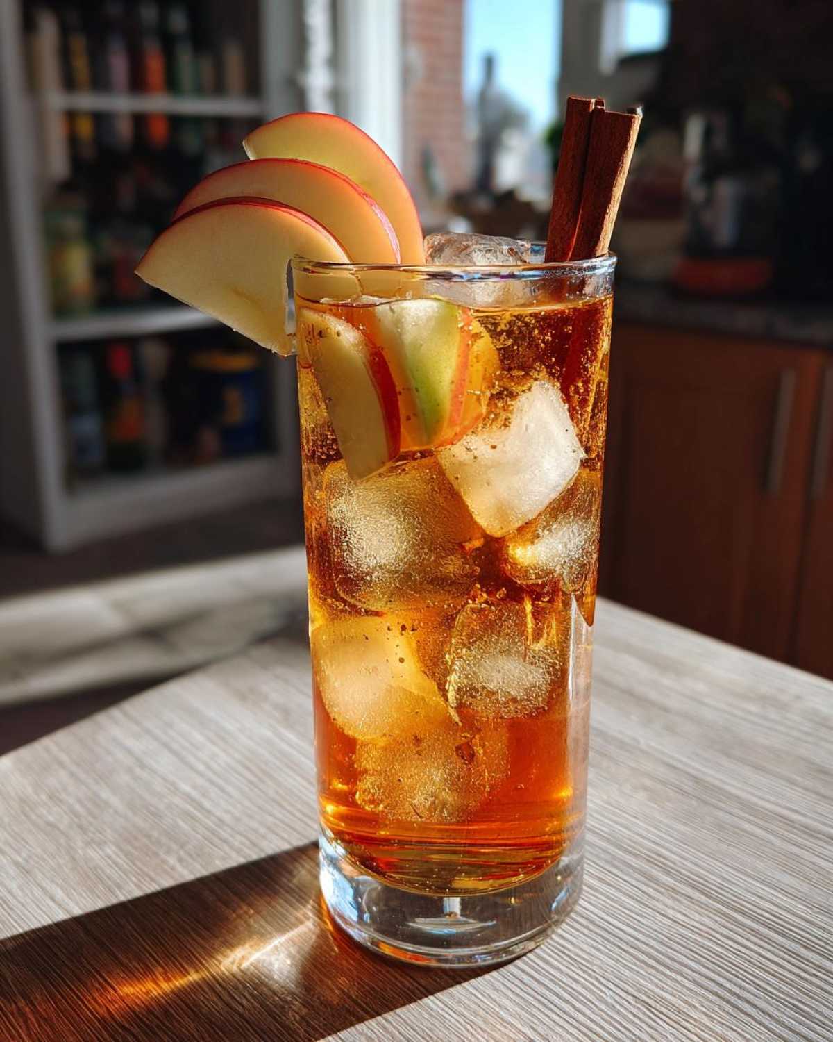 A refreshing Fall Long Island Iced Tea cocktail garnished with fresh apple slices and a cinnamon stick.